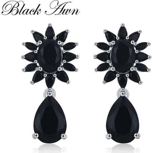 Cute Boucle D'Oreille Femme 2019 Flower 925 Sterling Silver Black Spinel Engagement Earrings for Women Fine Jewelry Bijoux I066