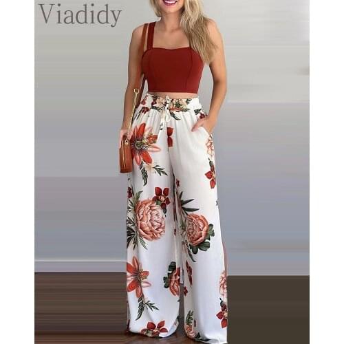 Women Solid Color Camisole Top & Floral Print High Waist Drawstring Wide Leg Pants Set