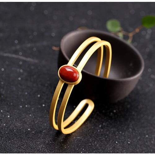 S925 Sterling Silver Ornament Gold-Plated Womens Open Red Agate Bracelet