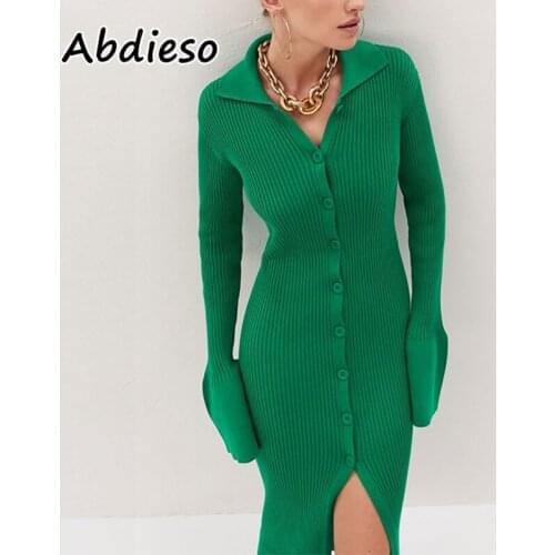 Abdieso Green Long Sleeve Knitted Sweater Dress Women 2021 Button Up Brown Autumn Winter Casual Stretch Midi Bodycon Dress Party