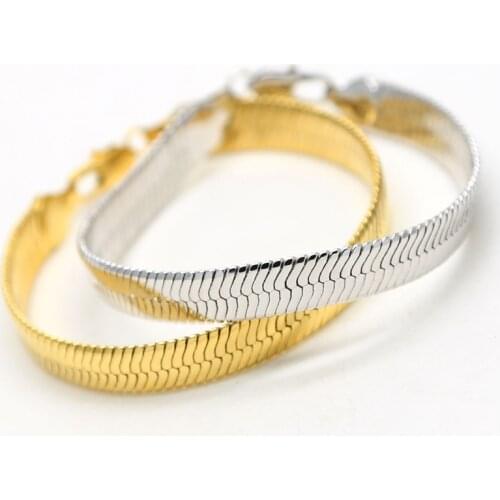 10mm Wide Flat Snake Bone Chain Yellow / White Gold Filled Dense Herringbone Chain Link Bracelet for Men