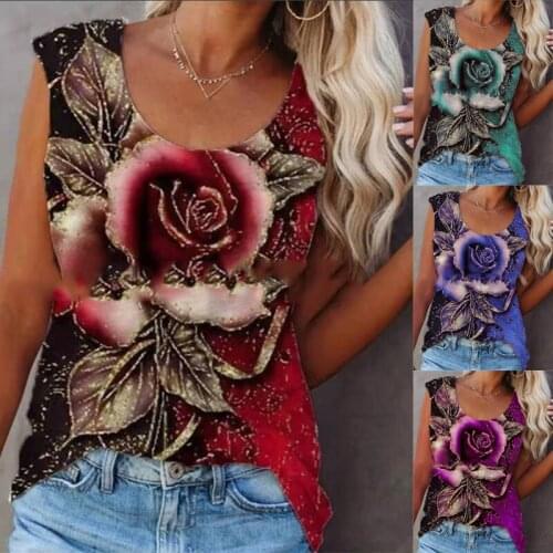 2021 New Summer V-neck Rose Sleeveless Vest Loose T-shirt Women Sleeveless Top Plus Size Sexy Top Fashion T-shirt S-5XL