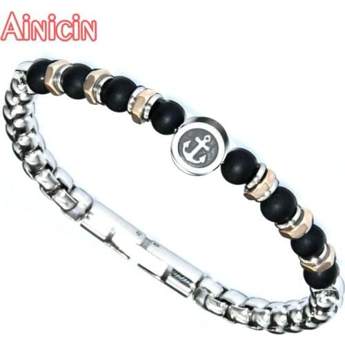 316L Stainless Steel Square Pearl Chain With Black Agate Bracelets For Mens Jewelry