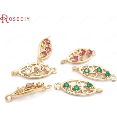 38545)10PCS 6.5x18.5MM 24K Champagne Gold Color Brass and Zircon 2 Holes Horse Eyes Connect Charms Jewelry Findings Accessories