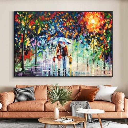 Abstract Families Walking In The Rain With Umbrella Oil Painting 100% Hand Painted On Canvas Handmade Wall Art For Home Decor