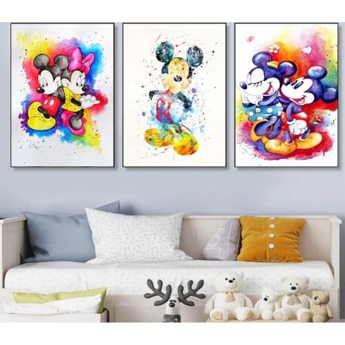 Watercolor Disney Mickey Mouse Canvas Painting Poster and Prints Disney Princess Nursery Wall Art Cuadros for Kids Room Decor