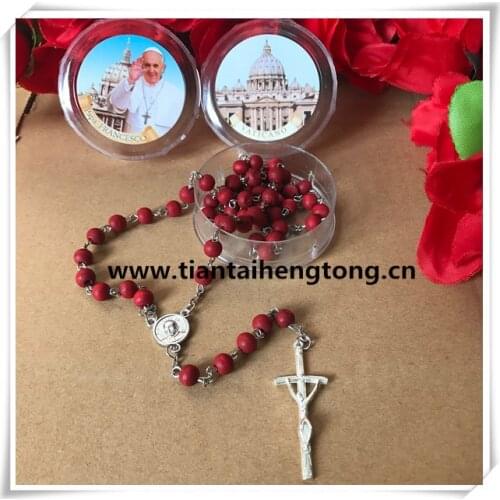 Free shipping perfumer rose scent wood beads religious Pope Francis catholic rosary necklace with crucifix &plastic saint case
