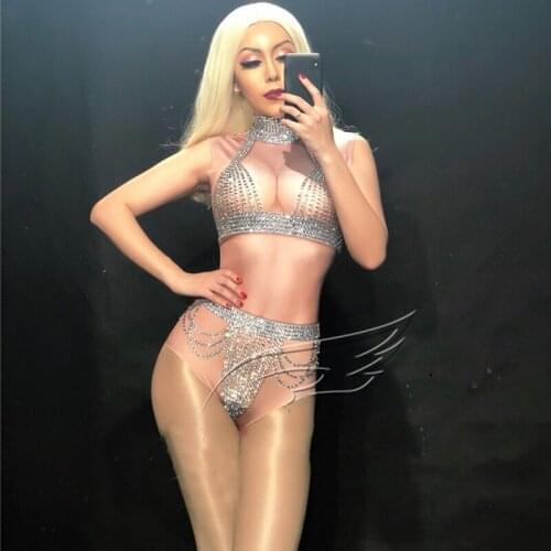 Bling Silver Crystals Rompers Women Sexy Nude Bodysuit Costume Dance Stage Wear Bodysuit Female Singer Big Stretch Outfit DL3430