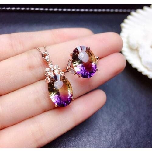 Pure Solid 14k Rose Gold Set Ring Pendants Necklaces for Women Oval Colour Tourmaline Jewelry Set Engagement Party Gift with Box