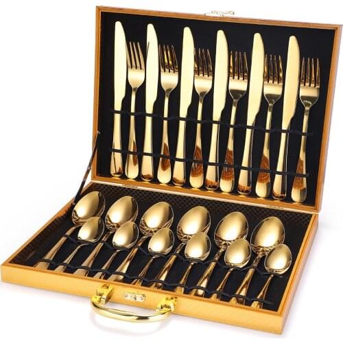 Wooden Box 24Pcs Set Silverware Sets Stainless Steel Dinner Black Gold Dinnerware Set Knife Fork Cutlery Set Kitchen Tableware