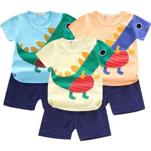 Boys Kids Summer Cartoon Dinosaur T-Shirt Tops Solid Color Shorts Suits Baby Casual Set Clothes For Children Infant Pants Outfit