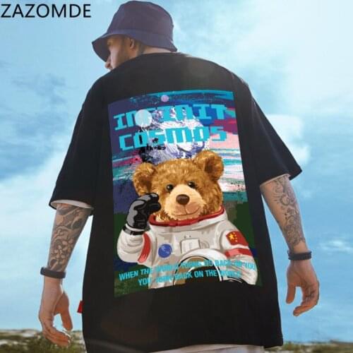 ZAZOMDE Summer Loose Bear Print T Shirt Men Casual Male Tshirt Streetwear Half Sleeve Funny Gothic T Shirts O-neck Tops
