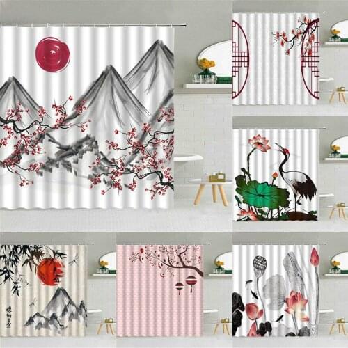 China Landscape Flower Ink Painting Shower Curtain Red Sun Mountain Bird Koi Fish Lotus Bathroom Decor Cloth Hooks Curtains Set