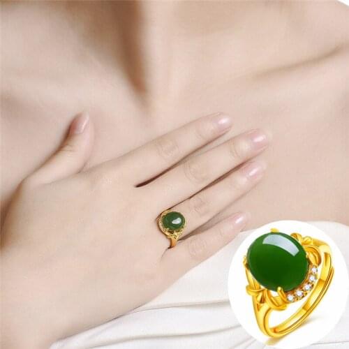 National Style Gold Plated Hetian Jasper ring gold inlaid jade green chalcedony ring adjustable innovation ring