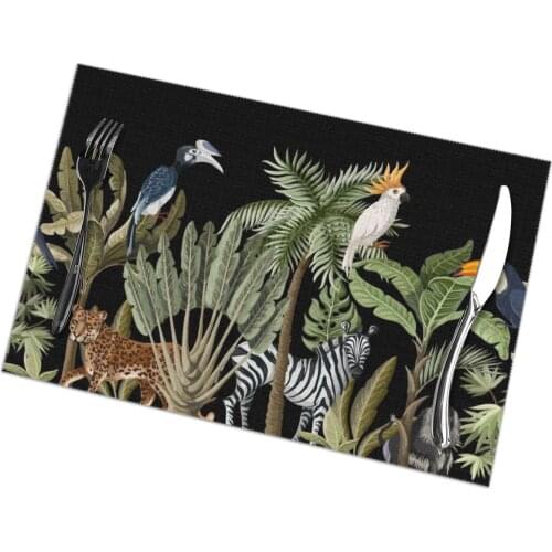 6 Pcs Placemat Table Mat Tropical Palm Tree Banana Leaf And Jungle Animals For Tables Heat-insulation Linen Kitchen Dining Pads