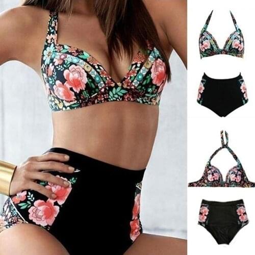 50% Hot Sales Summer Women\s Floral Print Underwire Bra + High Waist Briefs Bikini Set Swimsuit