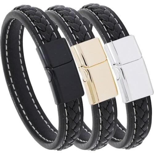 Fashion Braided Leather Bracelet Mens Magnetic Clasp Doublelayer Design Wrapping Bangle Male Simplicity Jewelry Party Gift