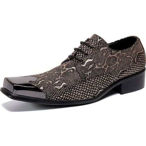 Summer New Casual Mens Classic Fashion Shoes Square Toe Personality Cowhide Leather Snake Pattern Mens Shoes