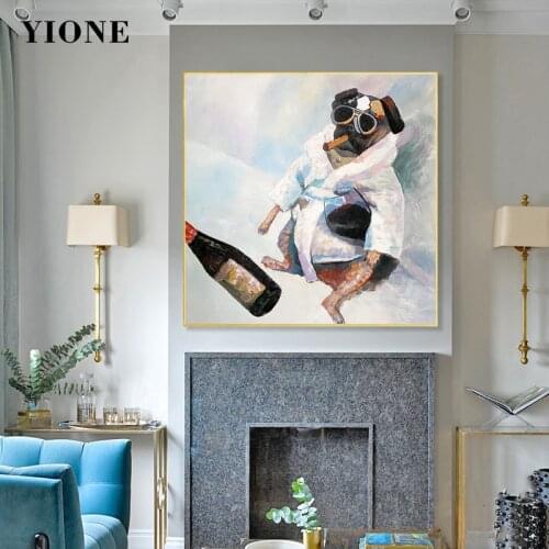 Funny Drunk Dog Canvas Art Poster Custom Abstract Animal Smoking Bulldog Wall Painting Picture Prints Living Room Bedroom Decor