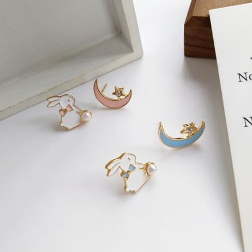 Wholesale S925 Silvery Needle Cute Little Bunny Ear Stud Simple Moon and the Stars Sweet Pearl Earrings Female Wholesale