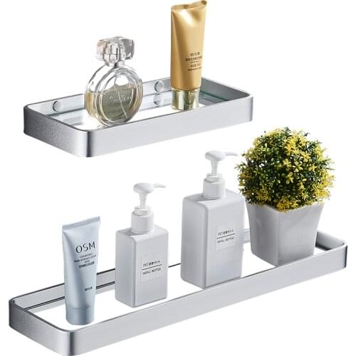 Bathroom Shelf Bath Shower Shelf Nail Free Glass Shelf Satin Bathroom Corner shelf 25-50CM Aluminum Kitchen Storage holder