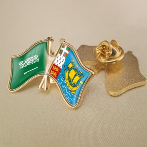 Saudi Arabia and St Pierre and Miquelon Crossed Double Friendship Flags Lapel Pins Brooch Badges