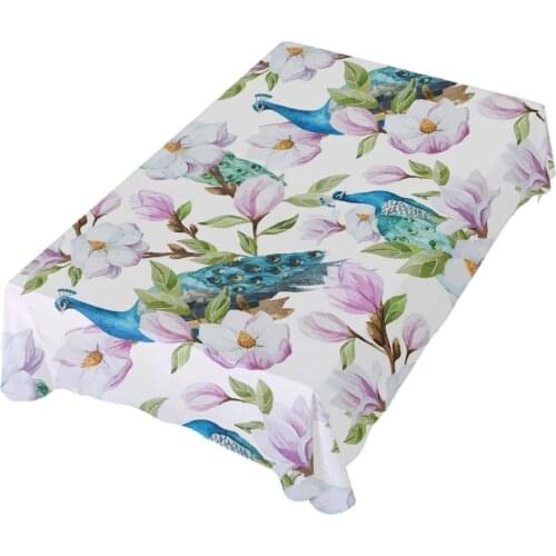 Pink Magnolia Flower Peacock Table Cloth Table Cover for Dining Kitchen Parties