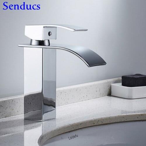 Senducs Square Chrome Bathroom Basin Tap Quality Brass Bathtub Faucet Hot Cold Water Tap Single Handle Square Basin Sink Faucet