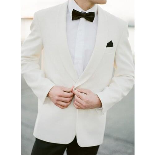 Custom Made Groom Tuxedo,Bespoke Iovry 1 Button Shawl lapel Jacket and Black Pants,Tailor Made Off-White Wedding Suits for men