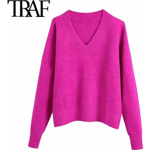 TRAF Women Fashion Soft Touch Loose Knitted Sweater Vintage V Neck Long Sleeve Female Pullovers Chic Tops