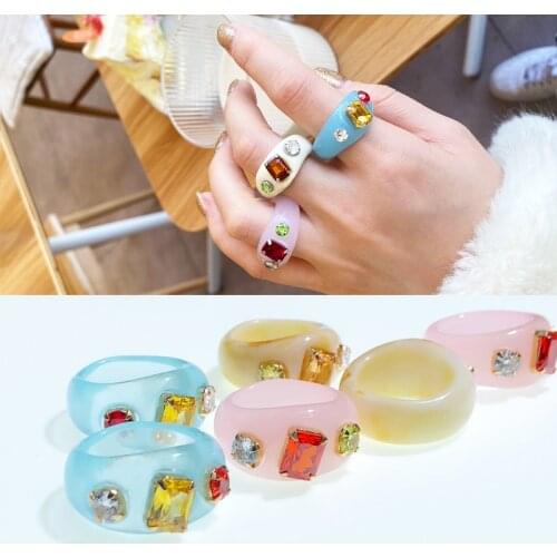VIVILADY Colorful Resin Irregular Cartoon Ring Multiple Bear Acrylic Clear Heart Rhinestone Crystal Smiley Geometry Flower Women