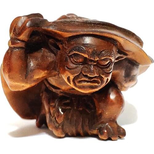 Y6801 - 2" Hand Carved Boxwood Netsuke : Oni Man With Hat