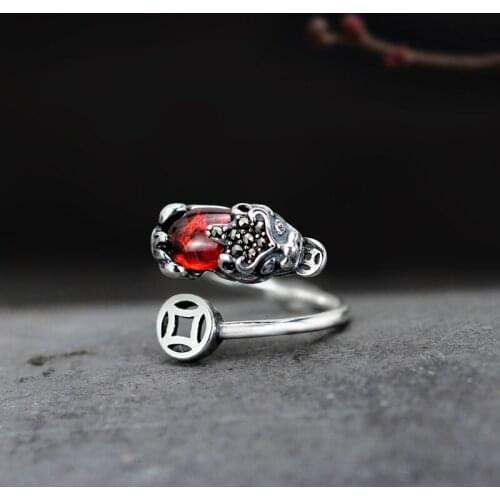 YIZIZAI Vintage Lucky Pixiu Bites Coins Ring Women Men Open Adjustable Rings Feng Shui Amulet Wealth Jewelry Gifts Accessories