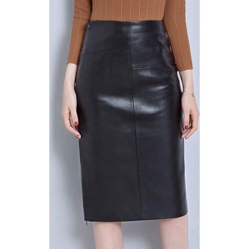 Soft Leather Skirt Women Imitate Sheepskin Midi Knee Length Skirts High Waist Office Ladies Formal Pencil Skirts Plus Size 4XL