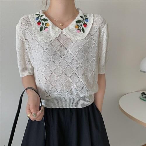 Oversized Shirt Womens Embroidered Knitted Shirt Doll Collar Short Sleeve Hollow Top Blusas Mujer De Moda 2021 Verano