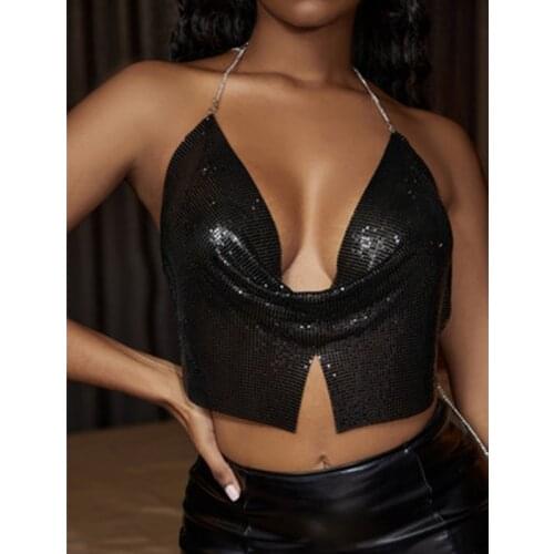 Women Mesh Metal Top Cropped Top Summer Wear Glitter Sequin V Neck Backless Halter Top Rhinestone Chain