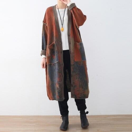 Johnature Women Wool Sweaters Vintage Print Floral Coat Knitted Bat Sleeve Cardigan 2020 Fall Winter New Women Sweater