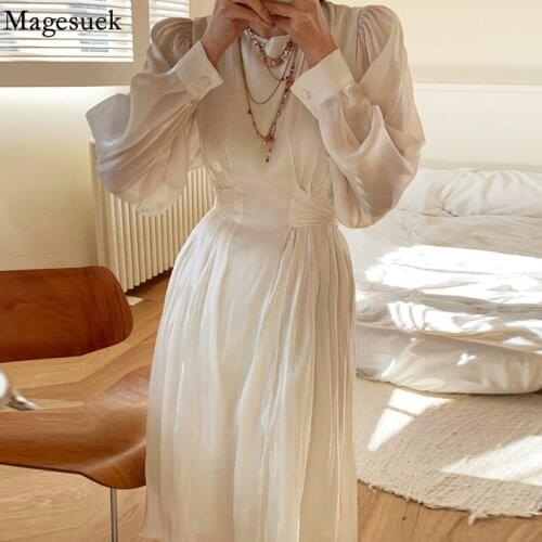 Korean Irregular Elegant Women Dress Vintage Spring Loose Solid O-neck Slim Waist 2021 Dress Femme Robe Vestidos De Mujer 15163