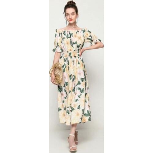 Vintage flower print one-shoulder long stitching fairy skirt 2021 summer new womens strapless yellow evening dress
