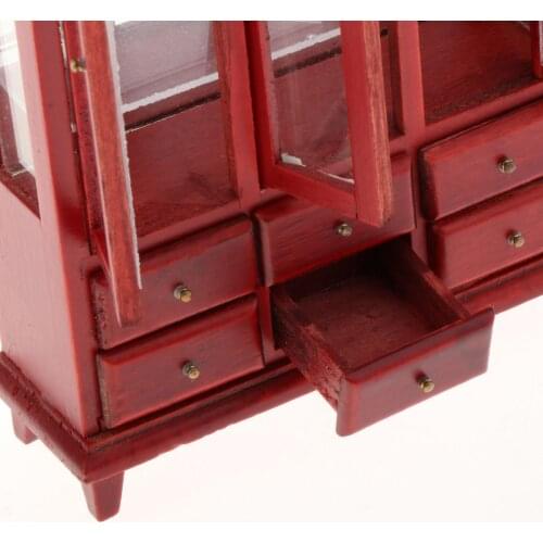 1:12 Red Wooden Table Chairs Cabinet Baby Doll Furniture Scenery Decoration