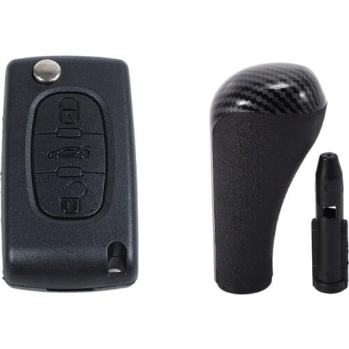 1 Pcs Key Remote Shell for Peugeot & 1 Pcs Carbon Fiber AT Gear Shift Knob Shifter Lever Stick