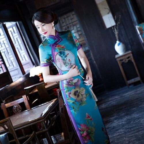 BALDAUREN Sexy Long Slim Vintage Qipao Summer New Lady Printing Cheongsam Satin Short Sleeve Party Prom Dress Gown Large Size
