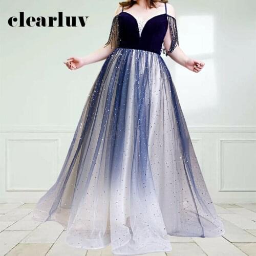 Shining Gradient Navy Blue Evening Dresses DR1061 Sexy Spaghetti Strap Tulle Formal Evening Gown A Line Plus Size Robe De Soiree