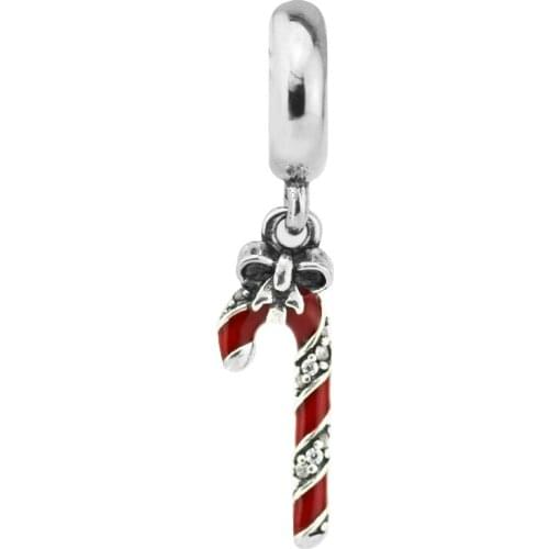 CKK Sparkling Candy Cane Dangle Charm, Berry Red Enamel 925 Sterling Silver Beads Original Jewelry Fits For Bracelets