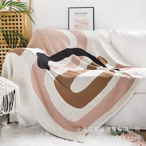 European Modern Simple Geometric Style Pure Cotton Morandi Knitted Cotton Nap Blanket Office Shawl Knee Blanket