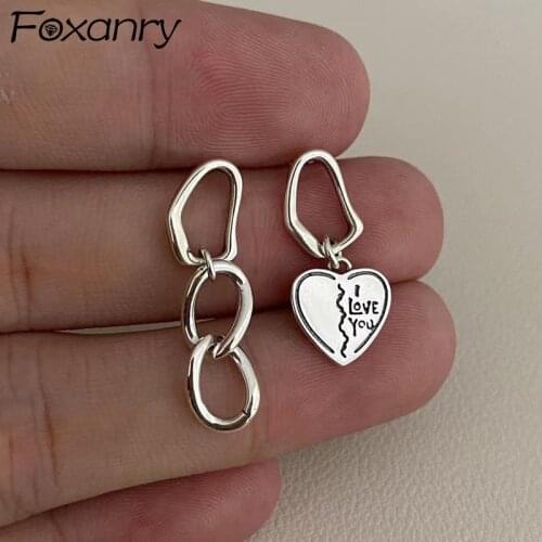 FOXANRY Prevent Allergy 925 Sterling Silver Asymmetric Stud Earrings Trendy Vintage Simple Tassel Chain LOVE Heart Party Jewelry