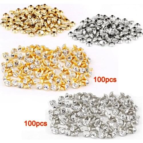 HOT- 100pcs silver + 100 pcs golden Rivet with rhinestone diamond 7mm Ideal for decorating clothes, bags, shoes, etc