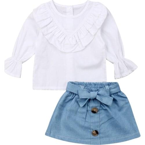 Summer New Fashion Toddler Kids Baby Girl Clothes Long Sleeve White Ruffle Tops+Denim Skirts Casual Kid Girls 2Pcs Outfit Set