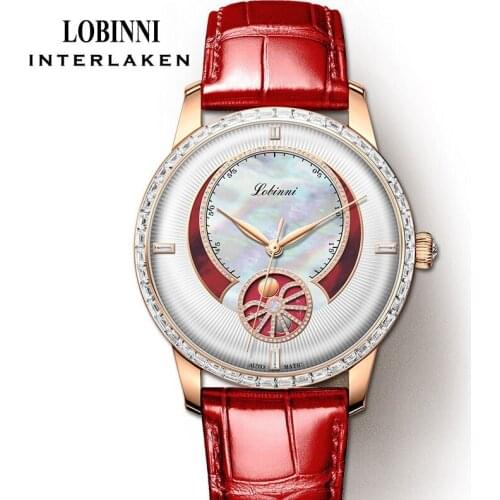 LOBINNI Luxury Ladies Mechanical WristWatch Stainless Steel/Leather Strap Moon Phase Waterproof 50M Automatic Watches
