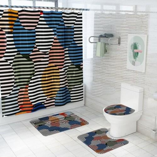Geometric Style Bath Mats Set with Polyester Waterproof Shower Curtain Bathroom Floor Mat Toilet Foot Mat Bathroom Bath Mat Set